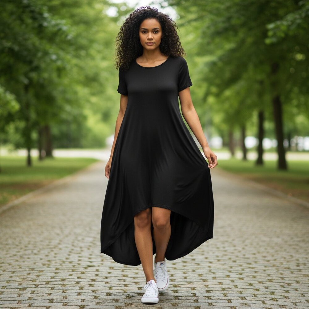 PHILOSOPHY Women's Short Sleeve Hi-Lo Black Dress- |‎ Size Medium